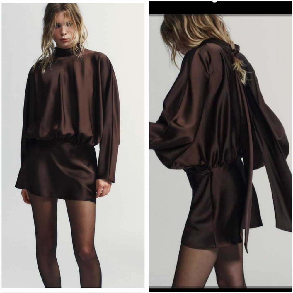 Zara Satin Effect Scarf Dress Brown NWT - Picture 13 of 15